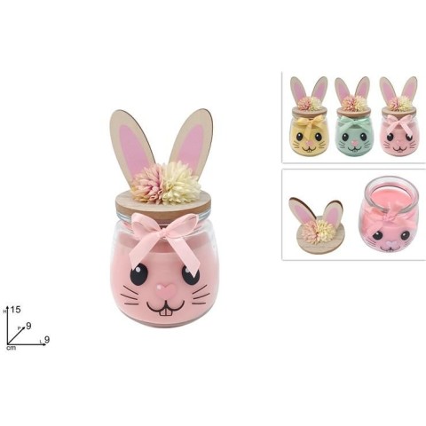 BARATTOLO VETRO CON CANDELA CON TAPPO ORECCHIE CONIGLIO 3 COL