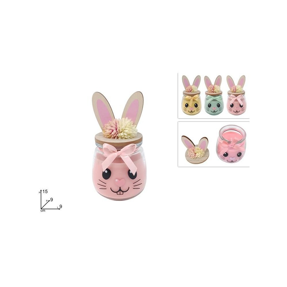 BARATTOLO VETRO CON CANDELA CON TAPPO ORECCHIE CONIGLIO 3 COL