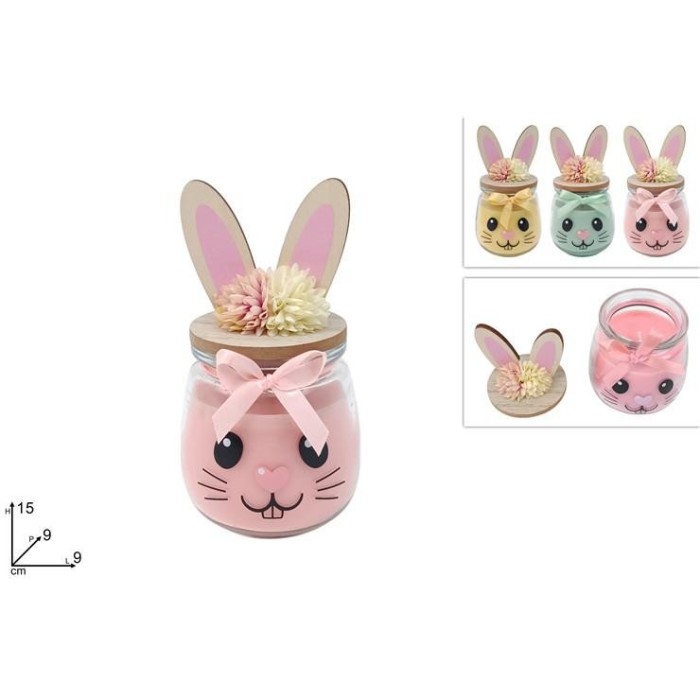 BARATTOLO VETRO CON CANDELA CON TAPPO ORECCHIE CONIGLIO 3 COL