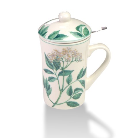 TISANIERA PORCELLANA CON FILTRO ACCIAIO ORTENSIA E FOGLIE VERDI