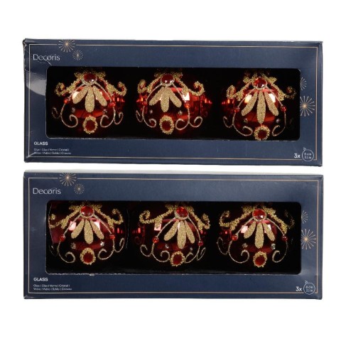 SFERA VETRO D.8CM. ROSSO E ORO DIAMANTI E PERLINE