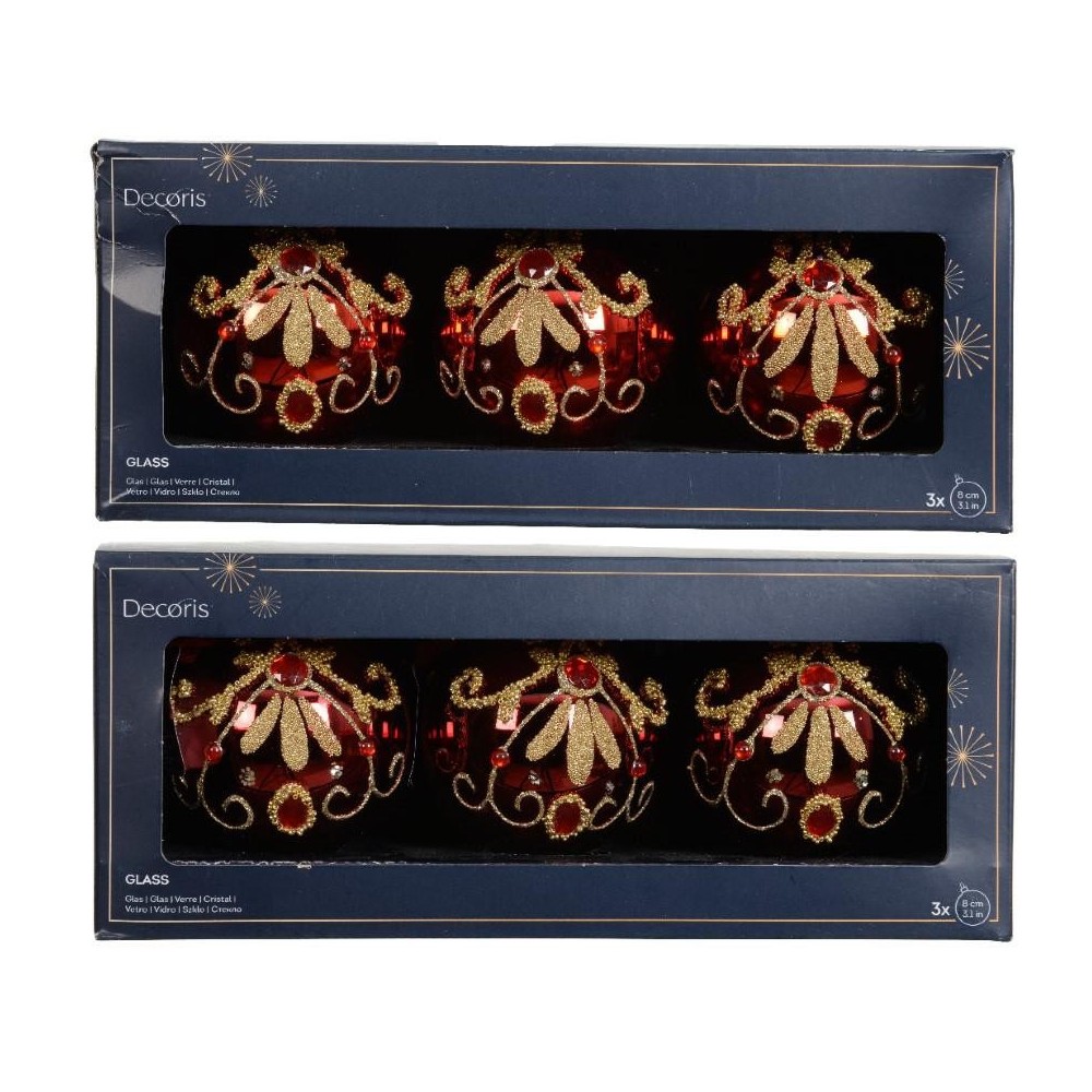 SFERA VETRO D.8CM. ROSSO E ORO DIAMANTI E PERLINE