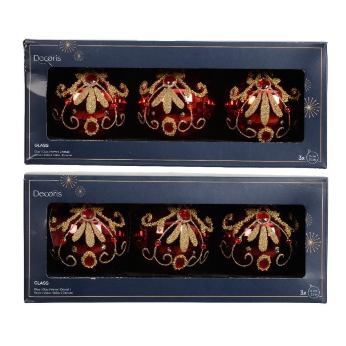 SFERA VETRO D.8CM. ROSSO E ORO DIAMANTI E PERLINE