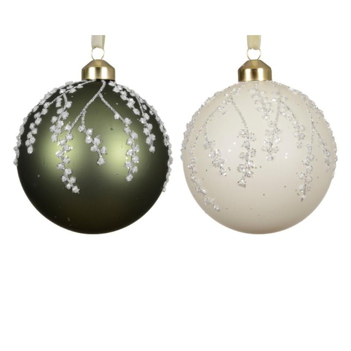SFERA VETRO D.10CM. VERDE E BIANCO RAMI INNEVATI