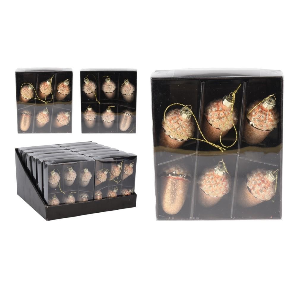 BOX 6 GHIANDE 6CM VETRO ORO 2 ASSORTITI